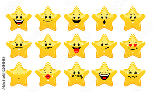 Vector set of star emoticons. Collection of yellow stars with different emotions in cartoon style on white background