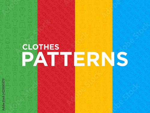 Four different Clothing seamless patterns with thin line icons: shirt, shoes, pants, hoodie, sneakers, shorts, underwear, dress, skirt, jacket, coat, socks. Modern vector illustration.