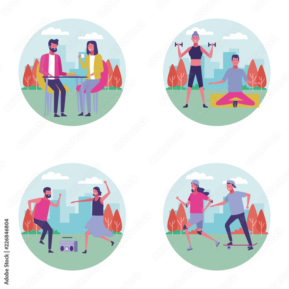set of people at park in summer set of people at park in summer