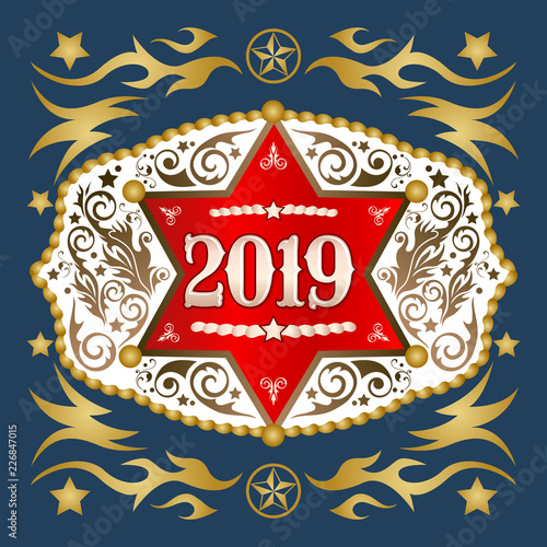 2019 year western cowboy belt buckle with sheriff badge vector design