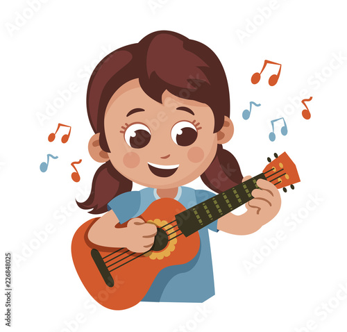 cute cartoon girl playing the guitar. child making music. vector illustration isolaten on white background.