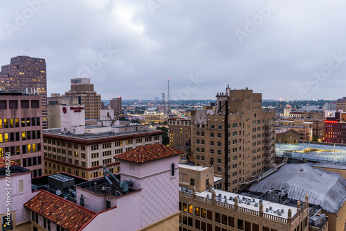 Skyline of San Antonio Texas looking downtown from above River Walk in the Early Morning