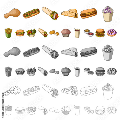 Fast food cartoon icons in set collection for design.Food from semi-finished products vector symbol stock web illustration.