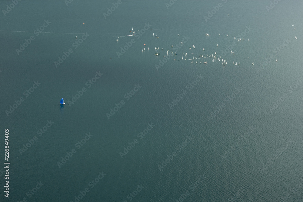 top view of a regatta of small white sailing boats on Lake Garda, green water, wind, competition, kids, sports, fun, summer, travel, hobby, Italy