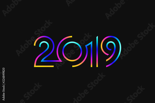 Happy New Year 2019. Abstract greeting card. Fluorescent color 
