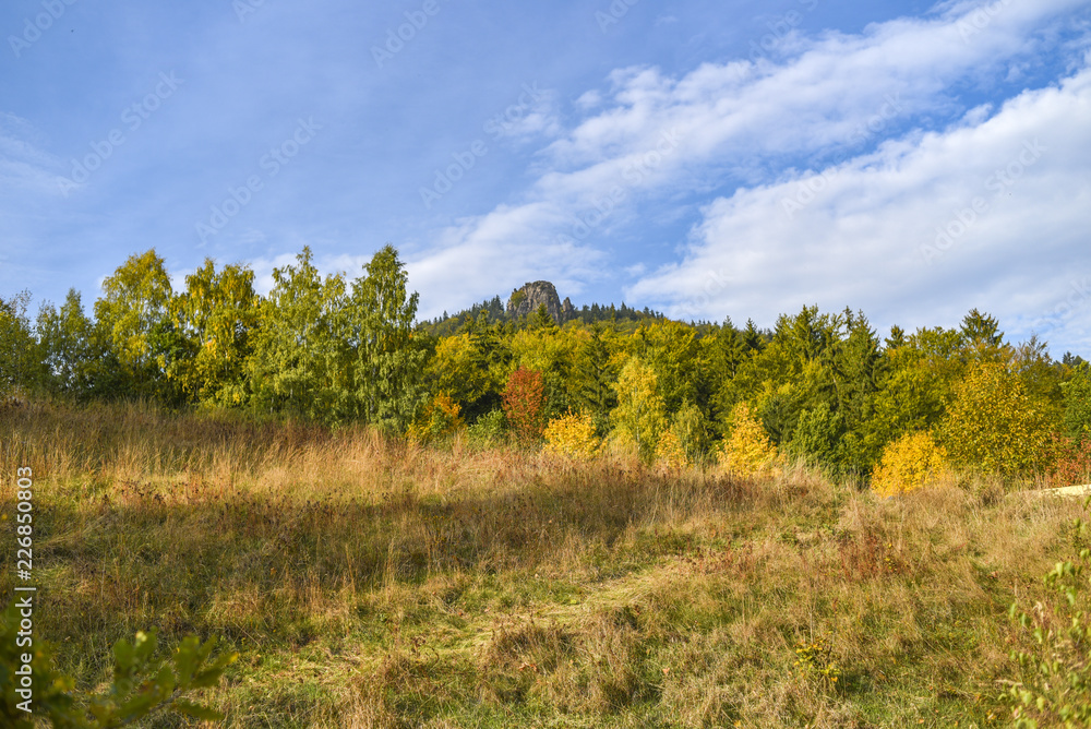 Autumn in the Sokolich mountains in Poland, autumn mountain landscape in Poland.