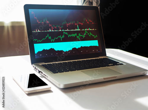 Laptop showing charts and graph with various indicators for analysis. Business Accounting, Statistics Concept