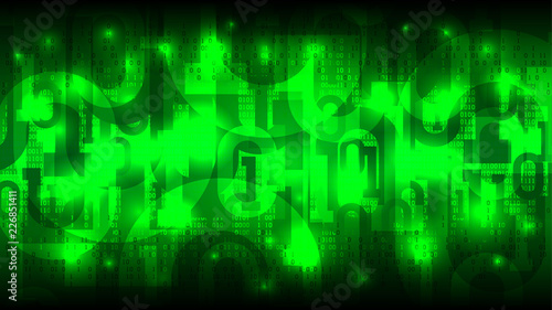 Abstract futuristic glowing cyberspace with binary code, matrix green background with digits, cloud of big data
