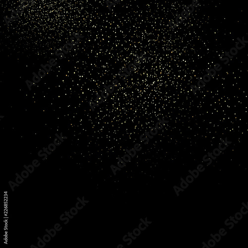 Gold glitter powder splash vector background. Golden scattered dust. Magic mist glowing. Stylish fashion black backdrop.