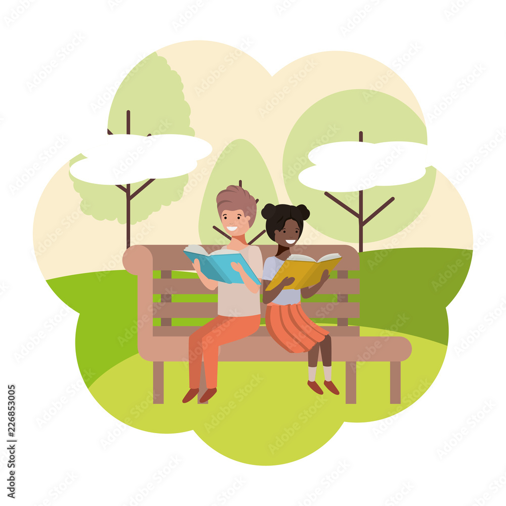 young couple in park chair avatar character young couple in park chair avatar character