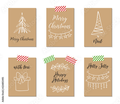Christmas greeting cards, gift tags, posters design. Vector hand drawn cards on craft paper