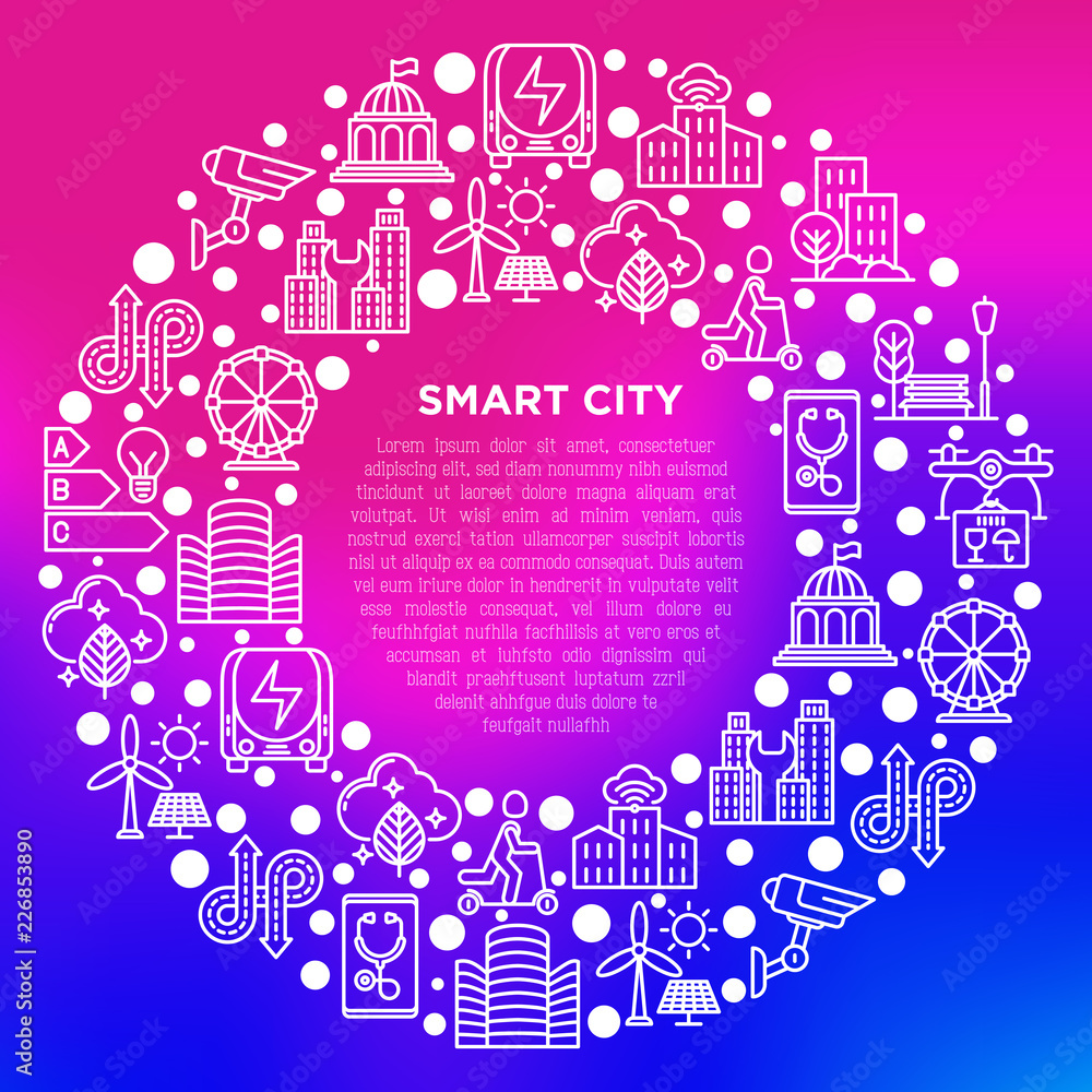 Smart city concept in circle with thin line icons: green energy, intelligent urbanism, efficient mobility, zero emission, balanced traffic, CCTV. Vector illustration, print media template. Smart city concept in circle with thin line icons: green energy, intelligent urbanism, efficient mobility, zero emission, balanced traffic, CCTV. Vector illustration, print media template.