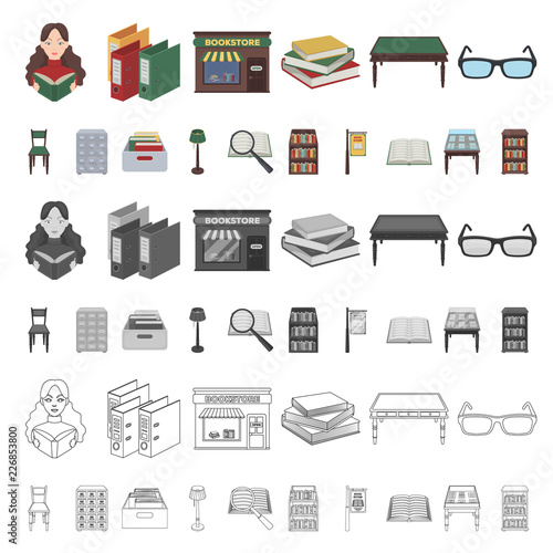 Library and bookstore cartoon icons in set collection for design. Books and furnishings vector symbol stock web illustration.