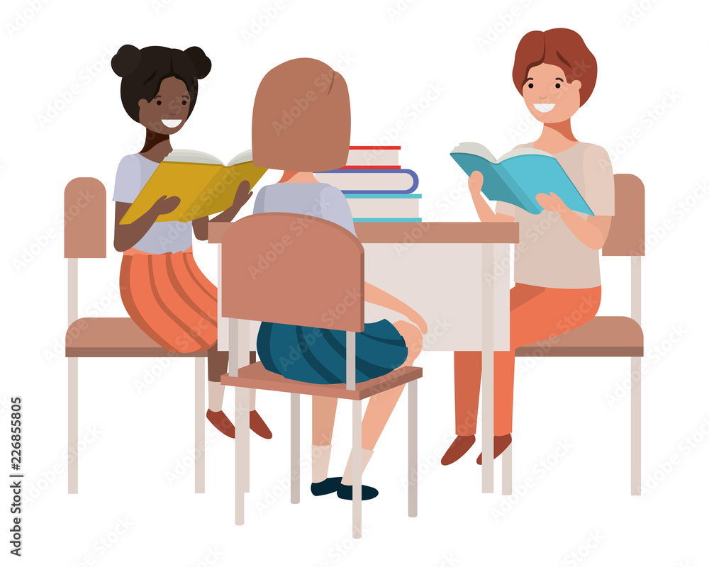 Fototapeta premium group students sitting in school desk avatar character