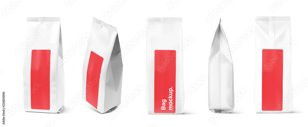 Set of mock up bags with labels on white background. Vector illustration. Can be use for your design, presentation, promo, ad. EPS 10.