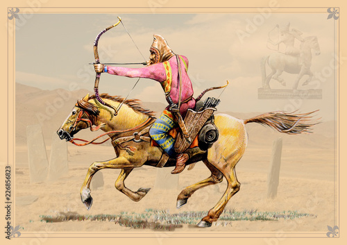 Scythian mounted archer. Historical illustration. Ancient warrior.	 photo