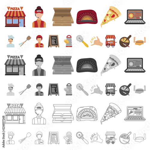 Pizza and pizzeria cartoon icons in set collection for design. Staff and equipment vector symbol stock web illustration.
