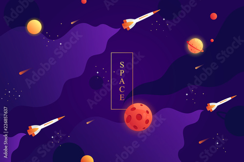 flying space rockets. space background with abstract shape and planets. Web design. space exploring. vector illustration