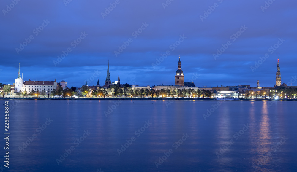 Amazing panoramic view of Riga in Latvia, Panorama of the old Town in Riga in the Night