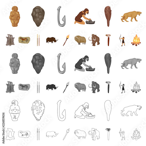 Life in the Stone Age cartoon icons in set collection for design. Ancient people vector symbol stock web illustration.