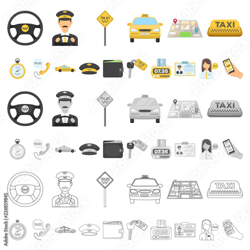 Taxi service cartoon icons in set collection for design. Taxi driver and transport vector symbol stock web illustration.