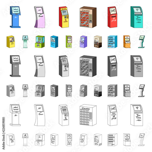 Variety of terminals cartoon icons in set collection for design. ATM and trading device vector symbol stock web illustration.