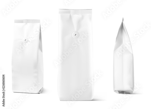 Realistic coffee bag mockup isolated on white background. Front, side and 3/4 view. Easy to use for your design, presentation, adv. Vector illustration. EPS10.