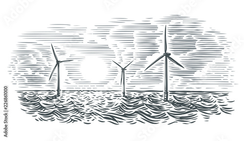 Offshore wind turbines illustration. Vector, isolated. 