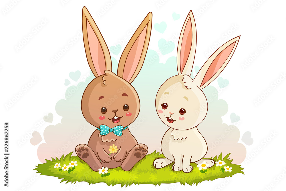 Couple of white and brown rabbits sitting on grass with flowers. Vector illustration isolated on white background. Couple of white and brown rabbits sitting on grass with flowers. Vector illustration isolated on white background.