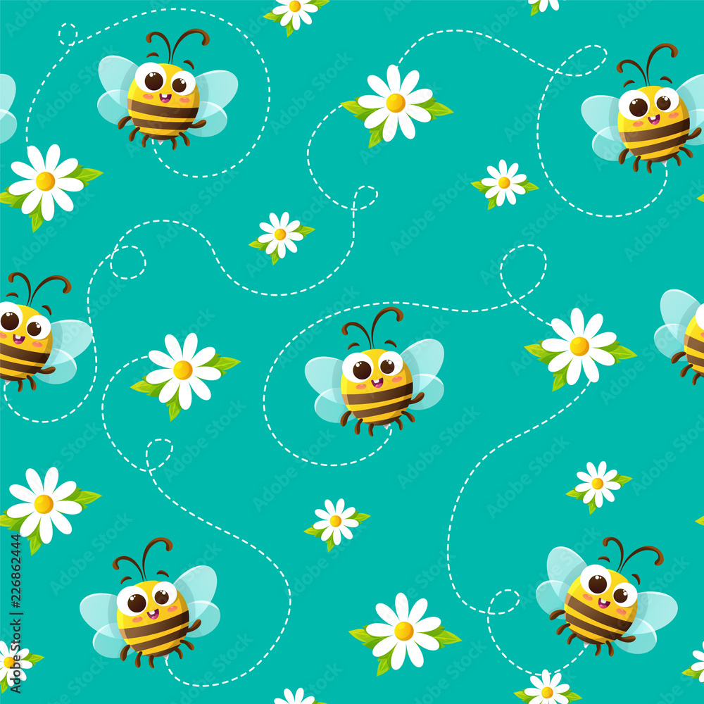 Seamless vector pattern of cute bees and daisies on blue green background. Seamless vector pattern of cute bees and daisies on blue green background.