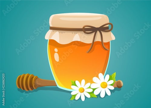 Honey jar with wood dipper and daisies on blue background. Vector illustration.