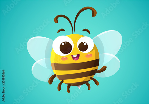Cute bee character cartoon isolated on blue green background. Vector illustration.