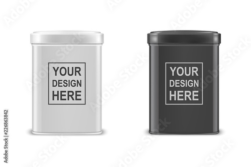 Vector realistic 3d white and black blank metal aluminium tea tin can container with cap rectangular or square shape set closeup isolated on white background. Design template for mockup packaging baby