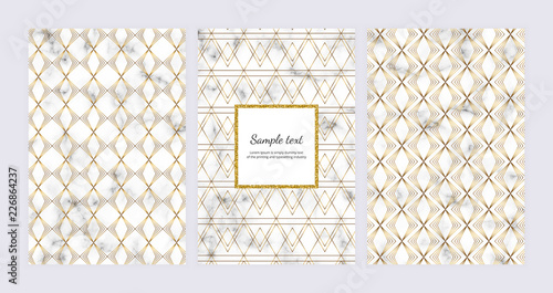 Geometric backgrounds with golden lines on the marble texture. Modern fashion design for banner, card, flyer, invitation, party, birthday, wedding, placard, magazine