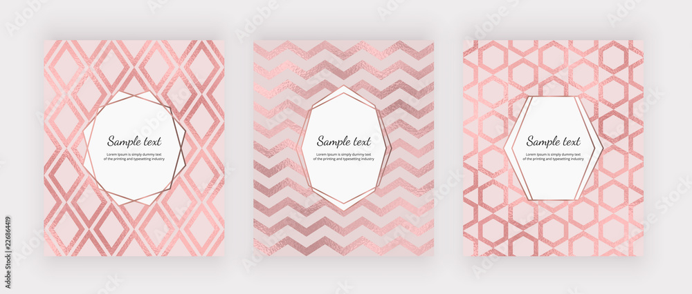 Elegant geometric covers with rose gold foil texture. Modern fashion design on the pink background. Template for card, flyer, placard, social media, invitation, birthday, wedding, banner, poster 
