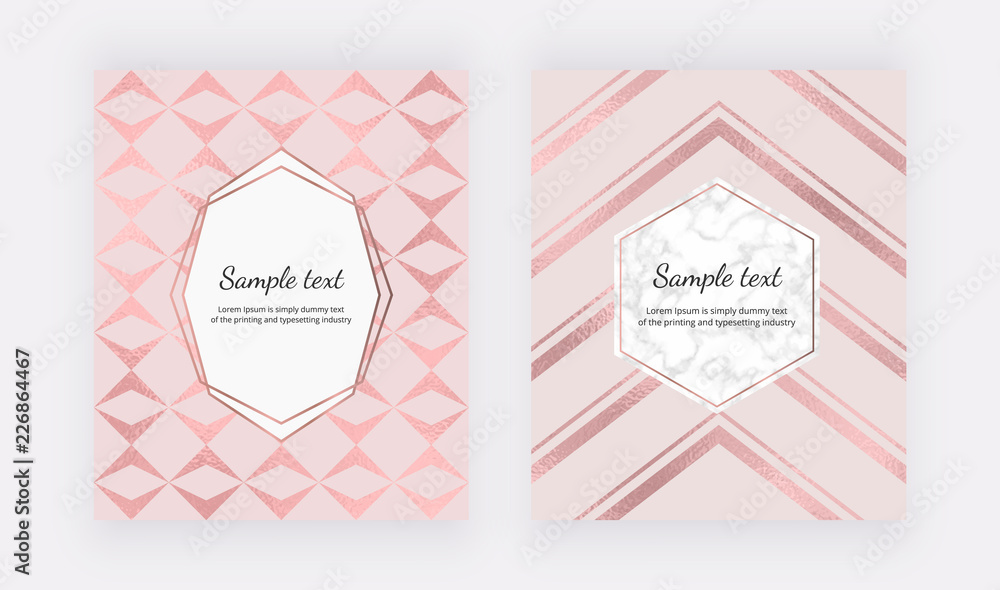 Elegant geometric covers with rose gold foil texture. Modern fashion design on the pink background. Template for card, flyer, placard, social media, invitation, birthday, wedding, banner, poster 