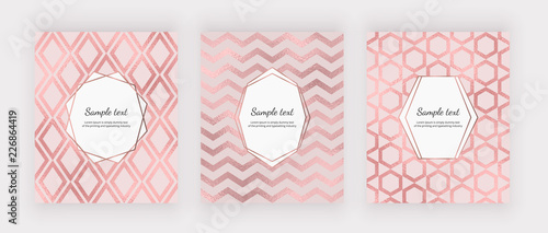 Elegant geometric covers with rose gold foil texture. Modern fashion design on the pink background. Template for card, flyer, placard, social media, invitation, birthday, wedding, banner, poster 