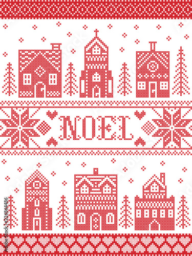 Vector Christmas village pattern Noel inspired by Nordic culture festive winter in cross stitch with hearts, reindeer, decorative ornaments, snowflake, church, chapel, house in cross stitch
