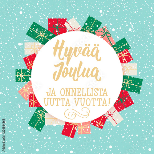 Christmas card. Finnish text: Merry Christmas. Happy New Year. Lettering. calligraphy vector illustration. Hyvää joulua ja onnellista uutta vuotta!