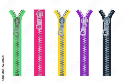 Set of metal zippers for clothing in different colors. Open and closed lock. Green, red, yellow, purple and black vector zipper isolated on white background.