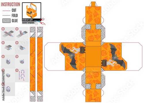Orange box template on Halloween with a gray bat