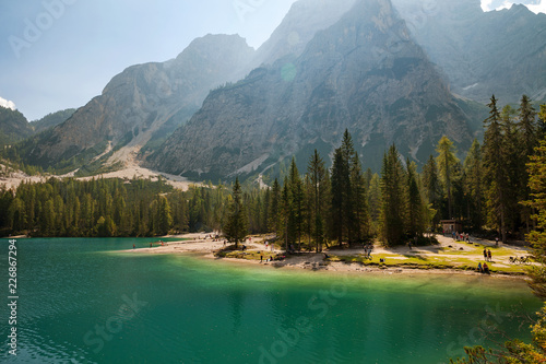 Braies lake (Lago di Braies), Dolomites, South Tyrol, Alto Adige, Bolzano, Italy