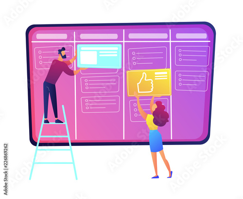 Programmers putting cards on kanban board vector illustration.