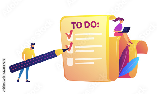 Businessman filling to do list with pencil and woman with laptop vector illustration.