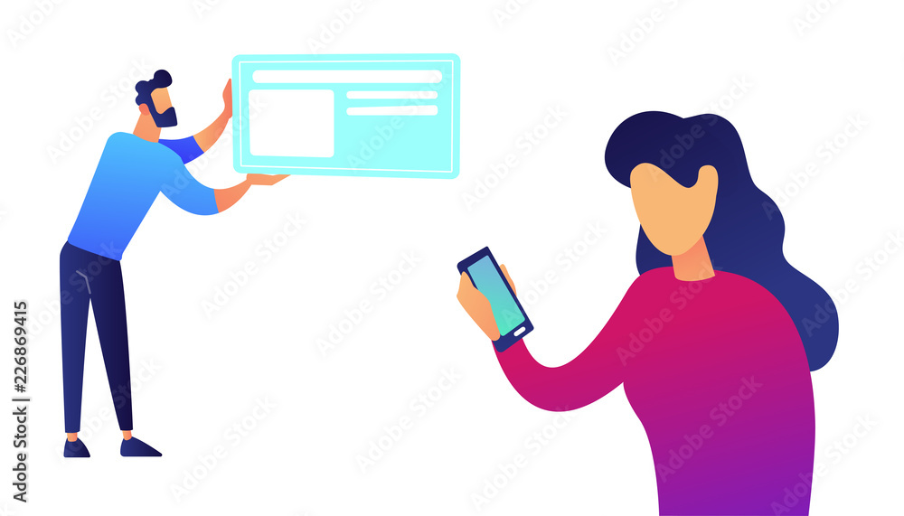 Businesswoman with smartphone and businessman with card vector illustration