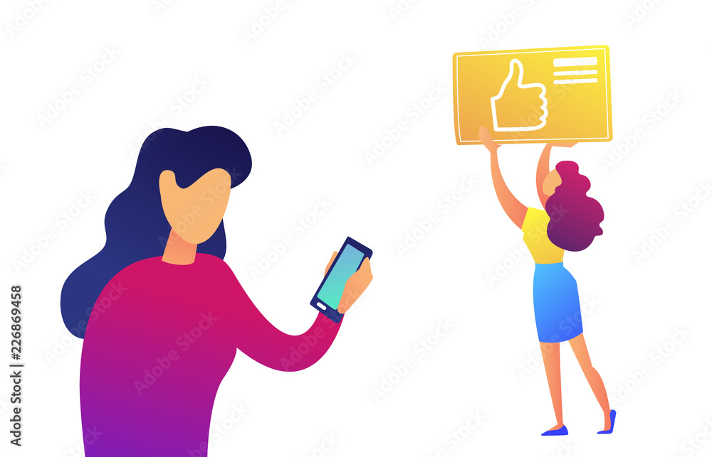 Businesswoman using smartphone and thumb up icon vector illustration. Businesswoman using smartphone and thumb up icon vector illustration.