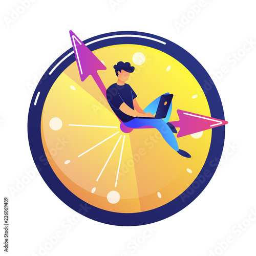 Programmer working on laptop sitting on the hand in a big clock vector illustration