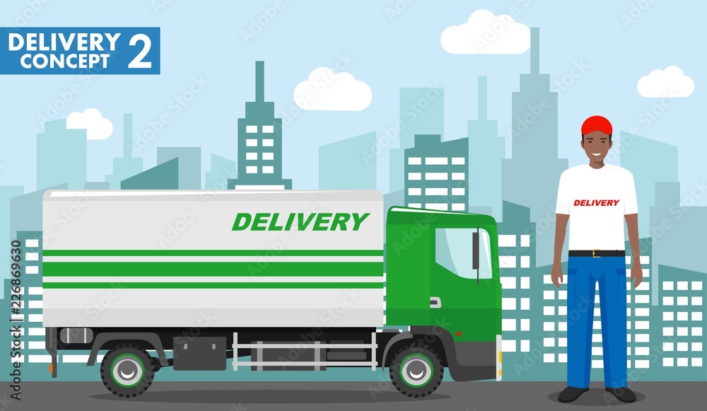 Transportation concept. Detailed illustration of delivery truck and african american driver, deliveryman on background with cityscape in flat style. Vector illustration.