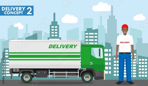 Transportation concept. Detailed illustration of delivery truck and african american driver, deliveryman on background with cityscape in flat style. Vector illustration.