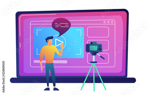 Blogger recording video blog with camera for internet vector illustration.
